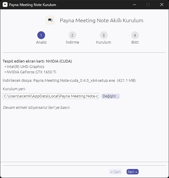 Analiz ekranı: donanım tespiti ve kurulum yeri